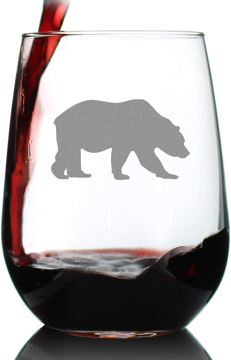 Bevvee Bear Stemless Wine Glass - Cabin Themed Gifts or Rustic Decor for Women and Men - Engraved Silhouette - Set of 2 - Large