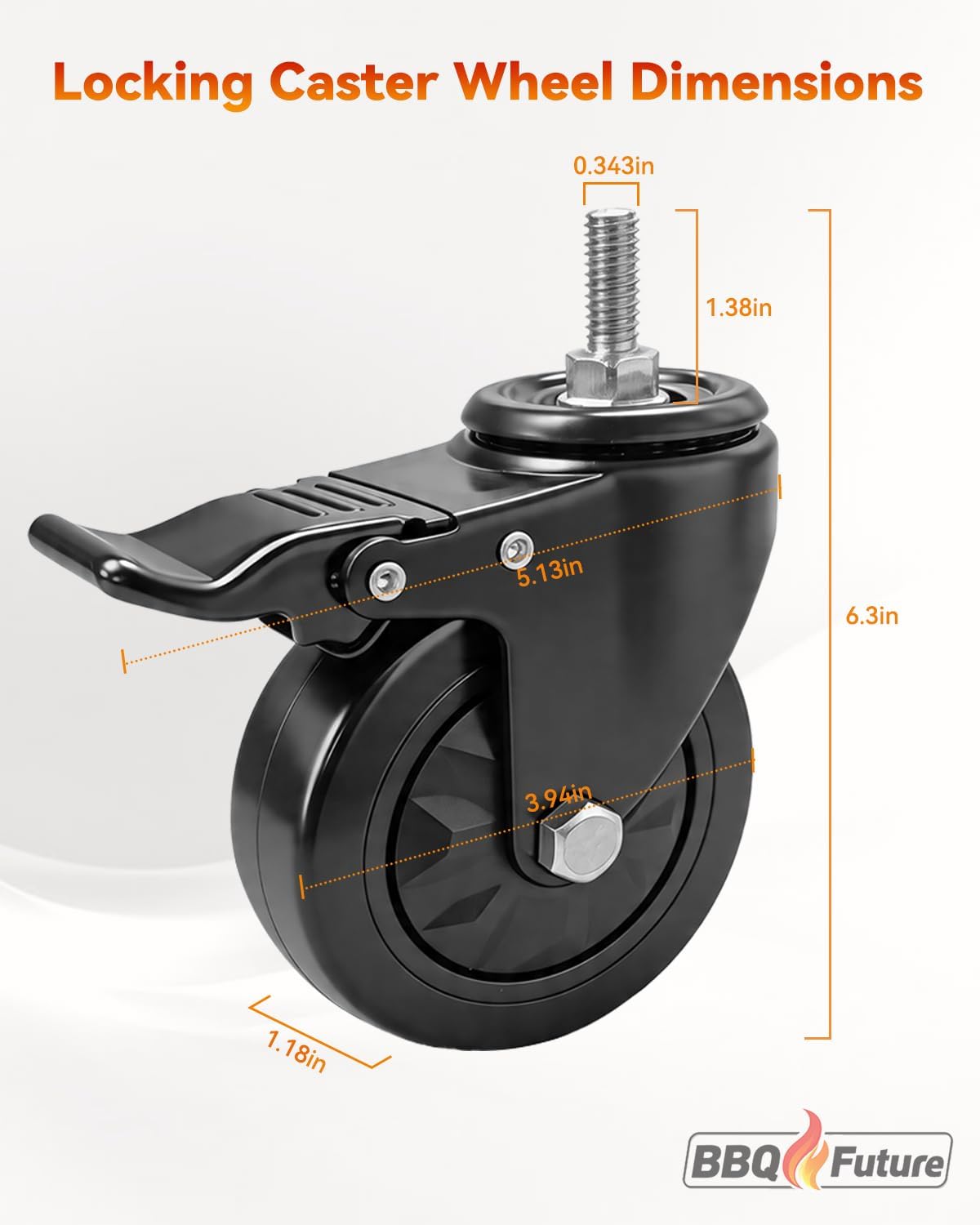 BBQ Future 4 inch Locking Caster Wheel Kit for Big Green Egg, 4 Pack Heavy Duty Polyurethane Wheels with 2 Wrenches Replacement Swivel Casters for Big Green Egg Nest, Modular Nest System, Acacia Table