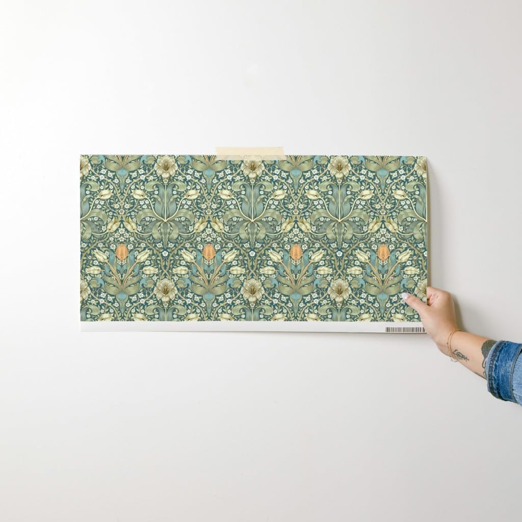 Peel & Stick Wallpaper Swatch - William Morris,Traditional Floral,Green Botanical,Garden Bloom,Meadow,Wildflower,Edwardian Custom Removable Wallpaper by Spoonflower