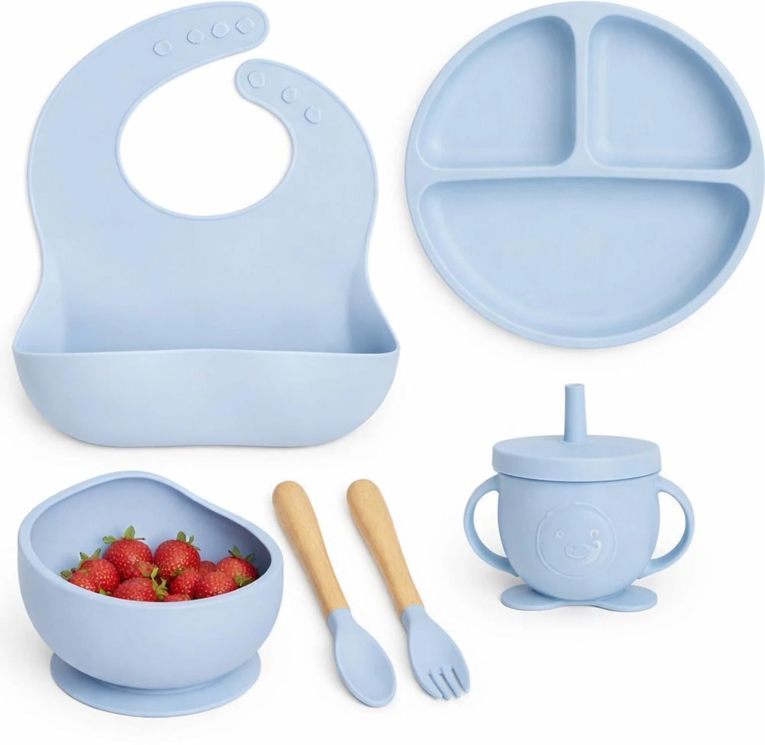 6PCS Silicone Baby Feeding Set for 6+ Months | BPA Free Suction Plate, Bowl, Bib, Spoon, Fork & Training Cup | Microwave & Dishwasher Safe | Baby Led Weaning Essentials | Blue-image-34