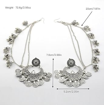 Silver Jhumki Bib Statement Double Piercing Bell Tassel Drop Studs Earrings for Women Crystal Teardrop Indian Chandelier Bohemian Dangling Engraved Coin Festival Jewelry Gifts