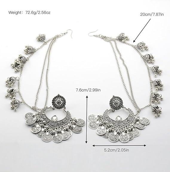 Silver Jhumki Bib Statement Double Piercing Bell Tassel Drop Studs Earrings for Women Crystal Teardrop Indian Chandelier Bohemian Dangling Engraved Coin Festival Jewelry Gifts