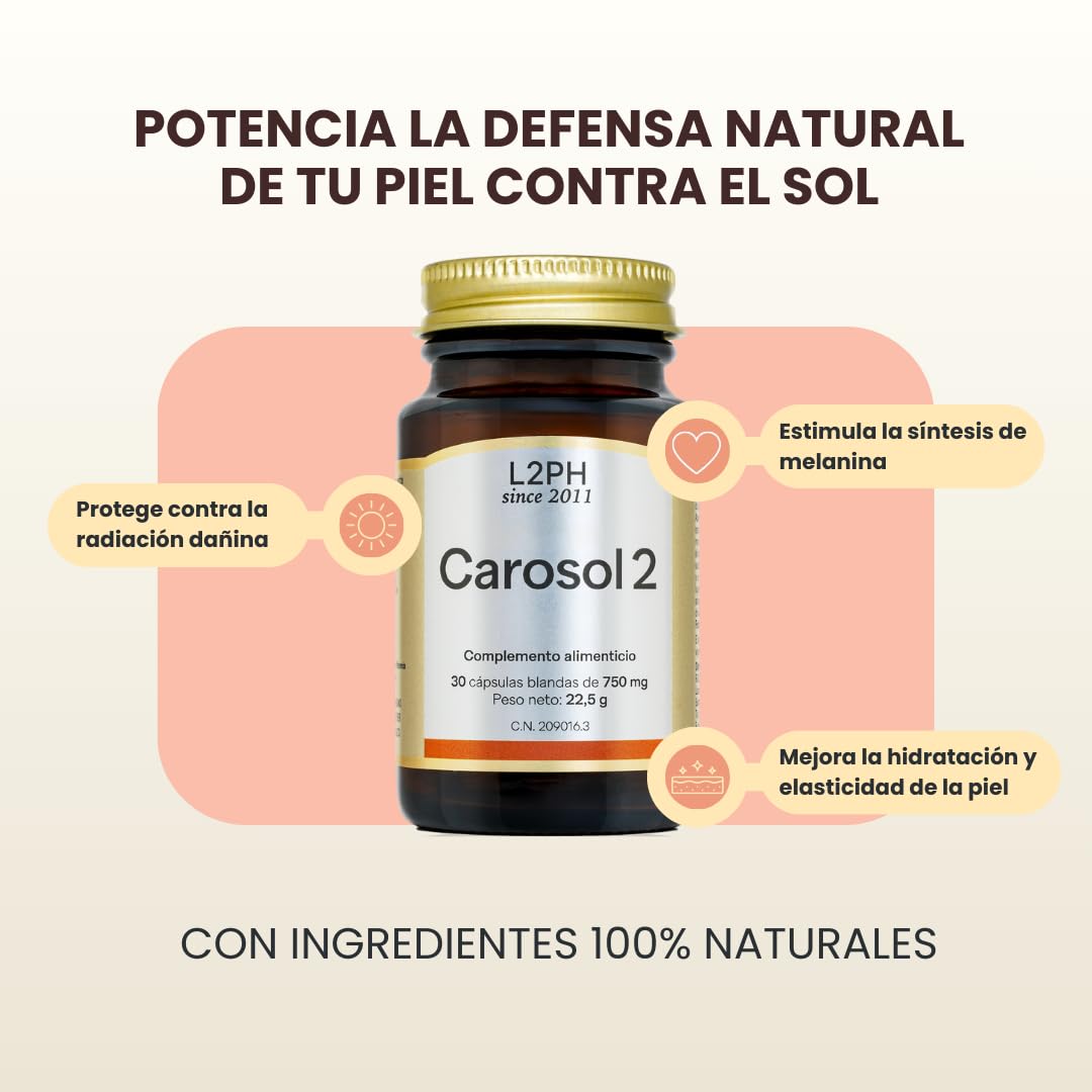 CAROSOL2 –Complemento Alimenticio para combatir la Alergia al Sol en Pieles tipo I y II (mejora la Protección Solar desde el Interior y Estimula la generación de Melanina) (30 Cápsulas).