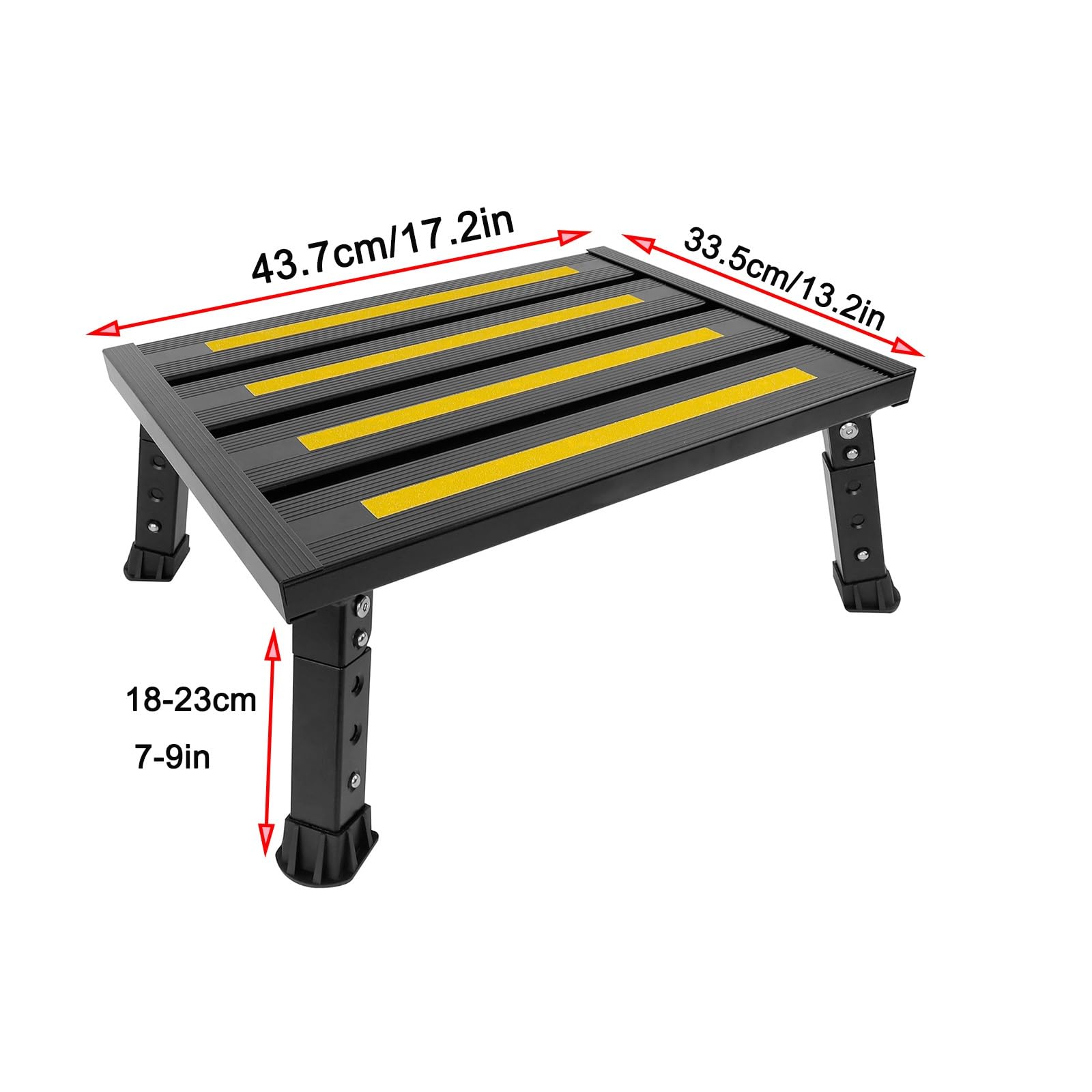 Składany Podnóżek do Kampera 43,7 x 33,5 cm Aluminiowy, Antypoślizgowy Stopień, Regulowana Wysokość, Ladowność 200 kg do Przyczepy Kempingowej