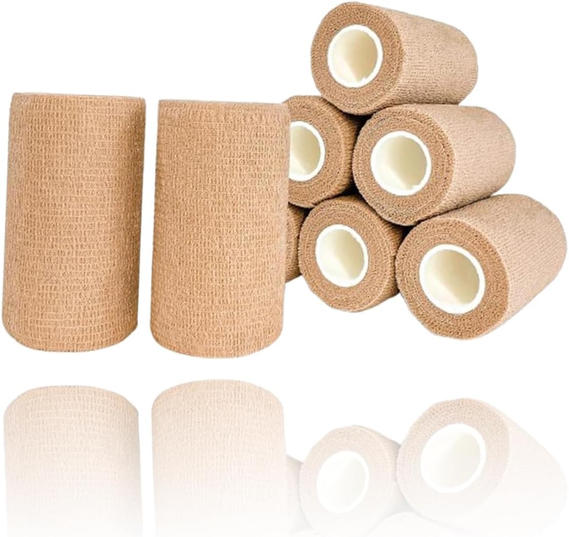 8 Pack 4" x 5 Yards Beige Cohesive Bandage Wrap - Premium Medical Stretch Wrap for Wrist, Ankle, Hand, Leg - Self Adhesive Non-Woven Rolls, Athletic Tape