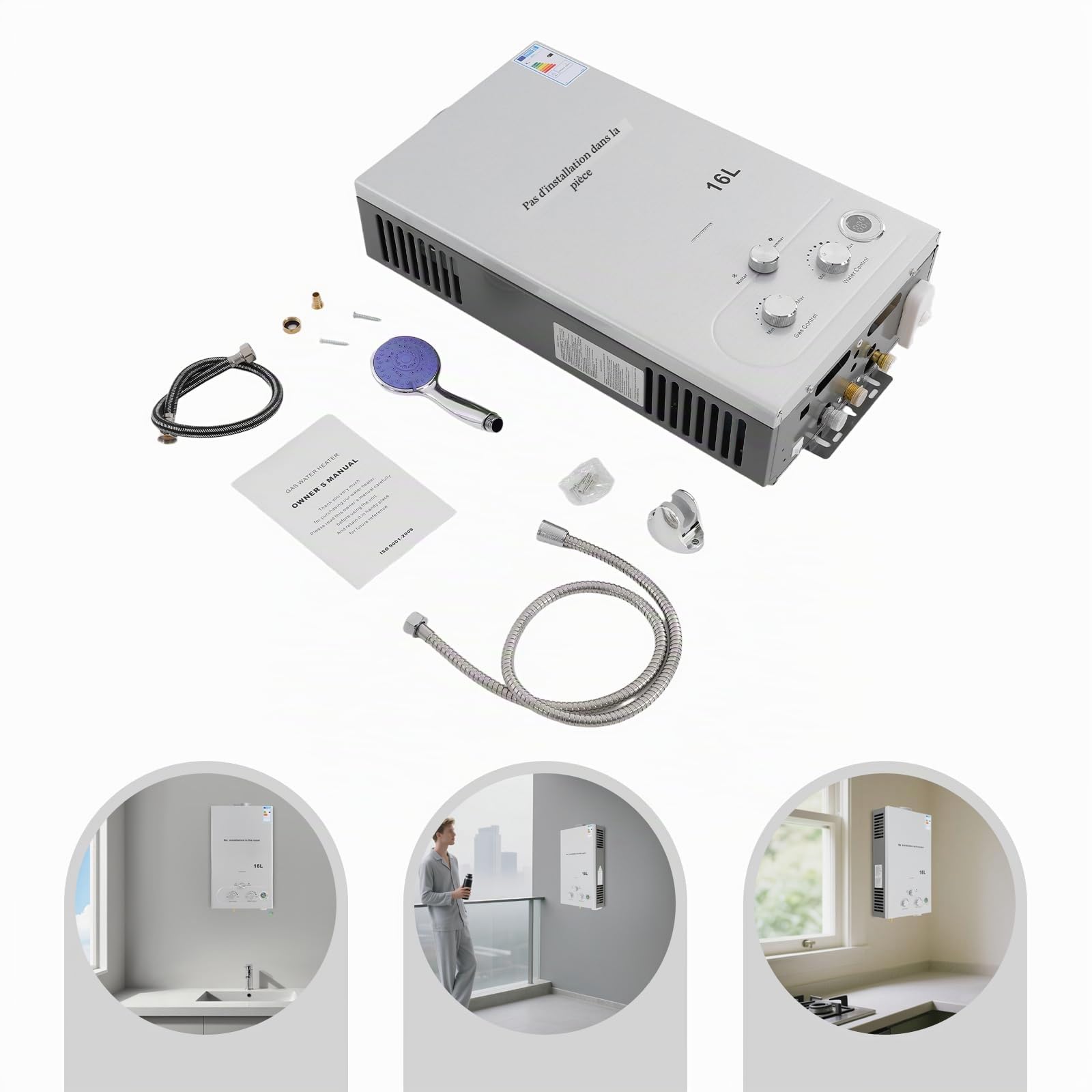 Chauffe-eau instantané au GPL 32KW, capacité 16L – Eau chaude immédiate avec pommeau de douche et tuyau – Chauffe-eau à gaz portable pour camping, caravane et jardin – Haute efficacité (≥80,8%