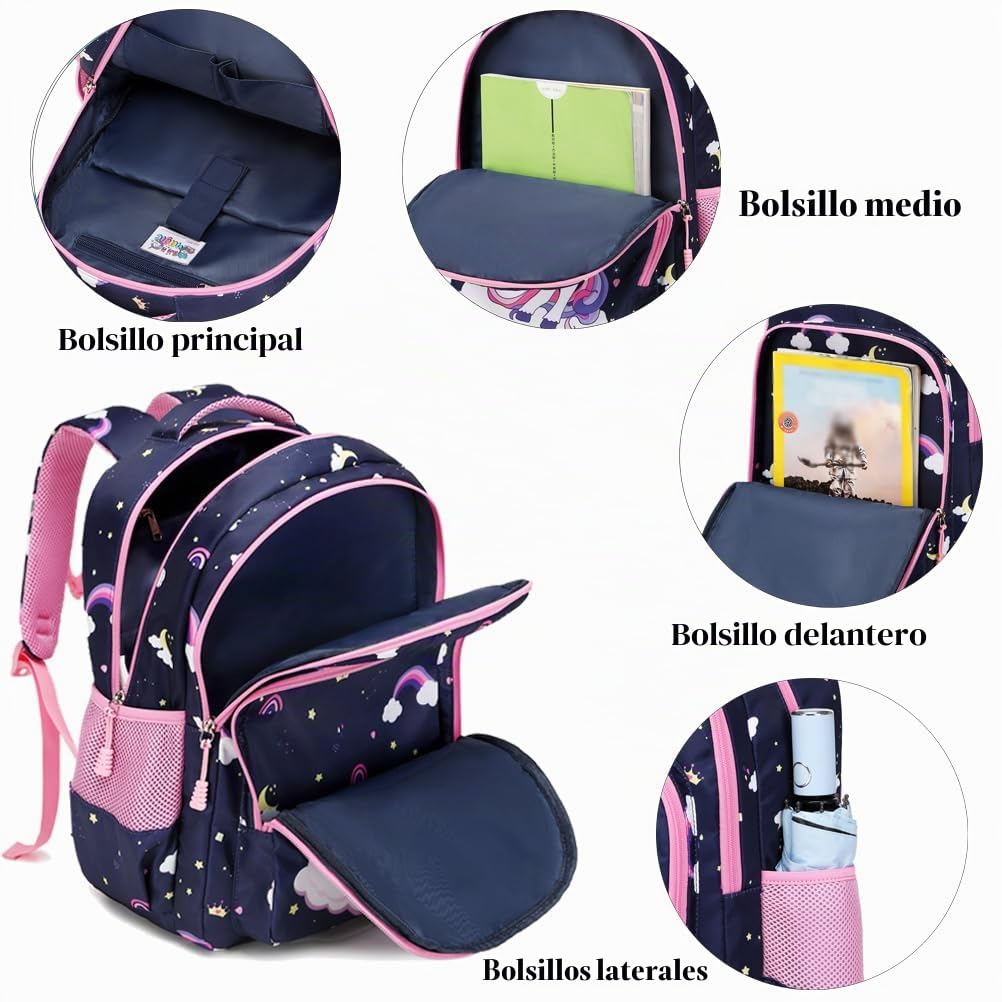 Kimwadalh Mochila Escolar para Niñas Mochila Unicornio Mochila Primaria Niña Set de Mochila Escolares,Mochila Infantil Niña + Bolsa de almuerzo + Estuche