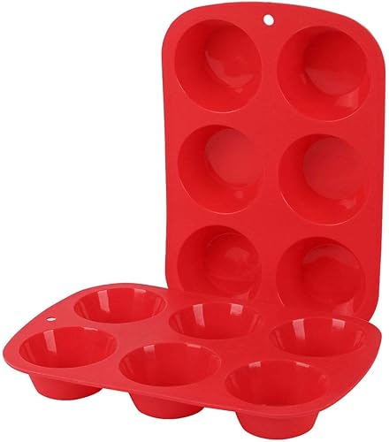 GiFBERA Molde antiadherente de silicona para magdalenas, 6 cavidades (paquete de 2) tamaño estándar, sin BPA, apto para lavavajillas, rojo