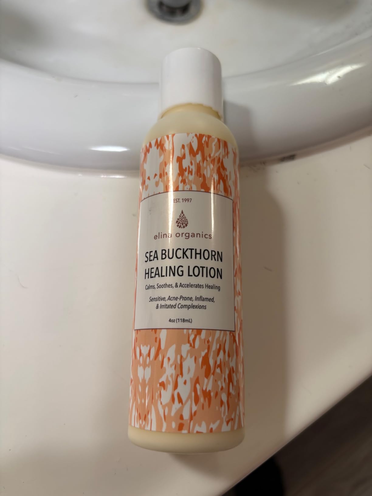 Elina Organics Sea Buckthorn Healing Lotion, 4oz – Soothing Moisturizer with MSM, Black Willow Bark & Zinc Oxide – Organic, Vegan – Repairs Acne, Redness & Skin Irritation