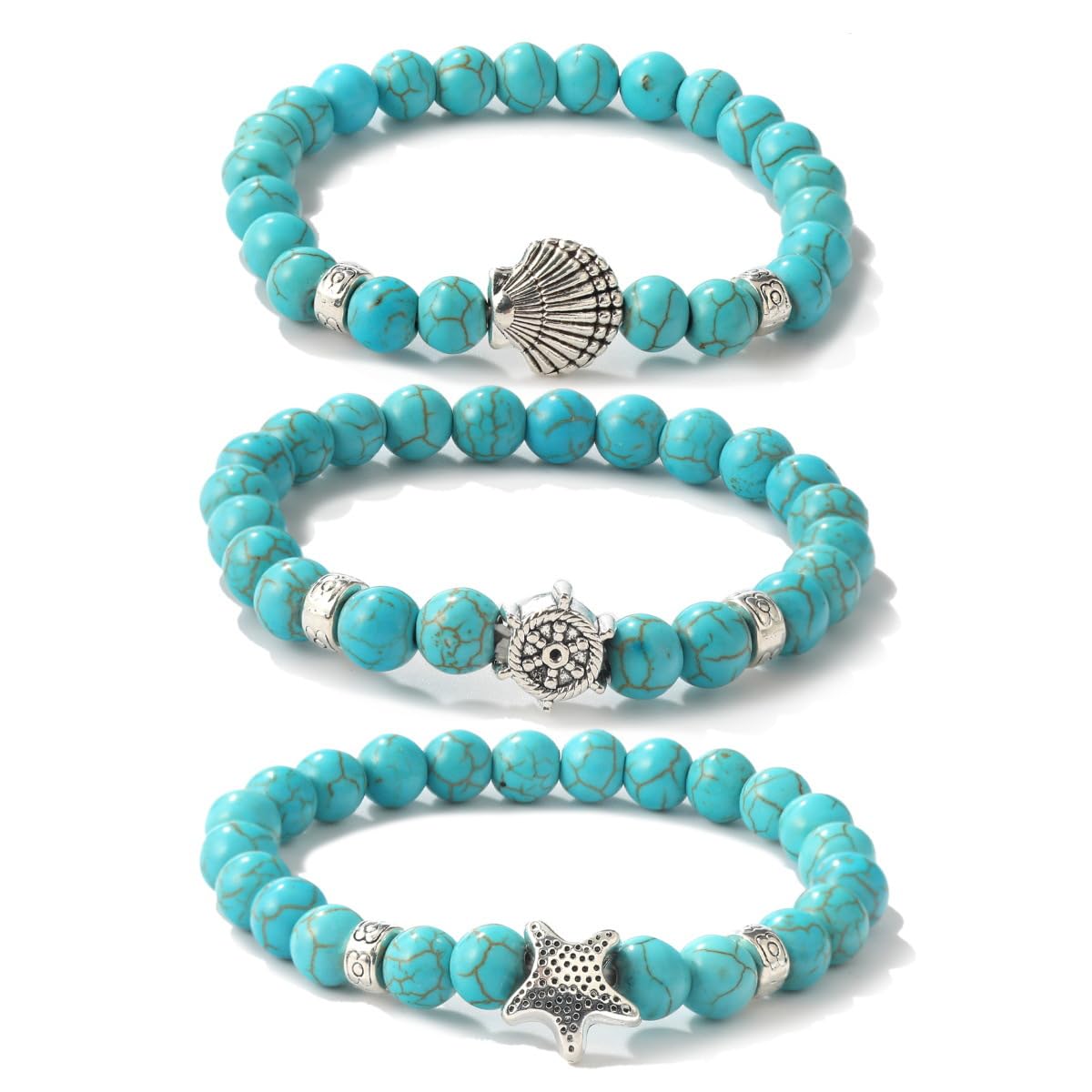 Liitata 3 piezas turquesa pulsera piedra natural pulsera boho concha estrella de mar pulsera elástica pulseras verano Hawaii playa joyas para hombre y mujer verde