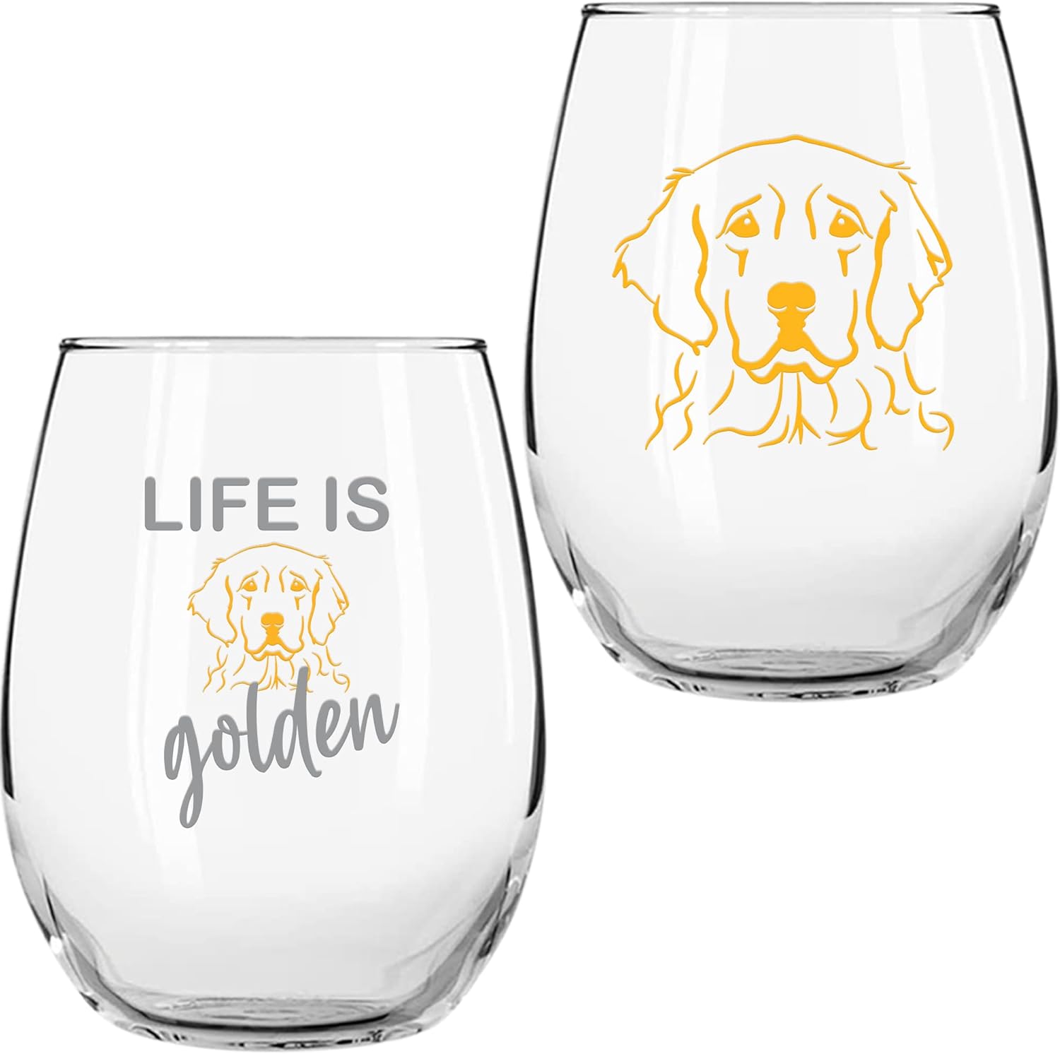 On The Rox Golden Retriever Gifts for Dog Lovers - Life Is Golden 15 oz Stemless Wine Glass Set of 2 - Cute Dog Face Glasses for Women - Funny Tumbler, Cup for Pet Lovers Drinks