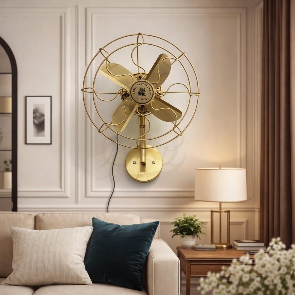 Vintage Brass Wall Fan with Cage Design | Retro Industrial Wall Mounted Decorative Fan | Luxury Nautical Style Wall Fan for Living Room, Bedroom & Café Décor