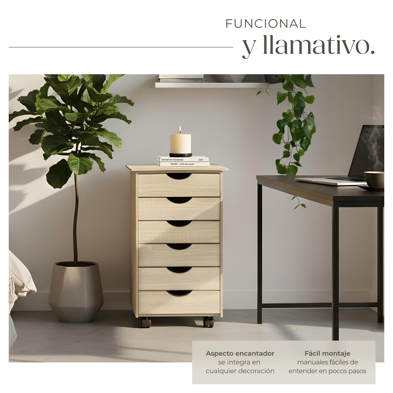 ectake® Cajonera Escritorio con 6 Cajones, Cajonera con Ruedas Giratorias, Estantería Almacenaje, Mueble Organizador Habitación Juvenil, Estrecha, Mueble Dormitorio - Madera Clara