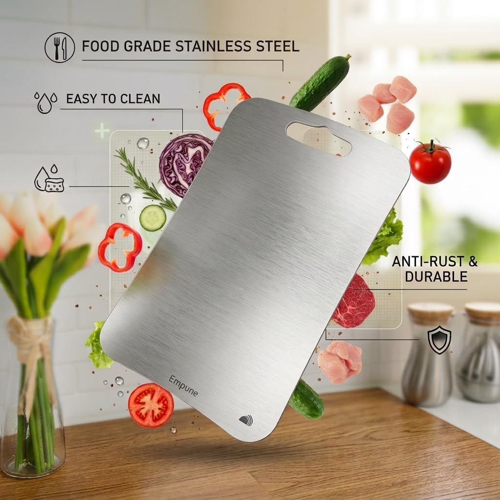 Stainless Steel Chopping Board 36x25cm Large Rectangle Cutting Board with 2 Steel Straws & Anti-Skid Silicon Pad | Reversible Food Grade for Vegetable Meat Fish Fruit Roti Dough Kneading 3