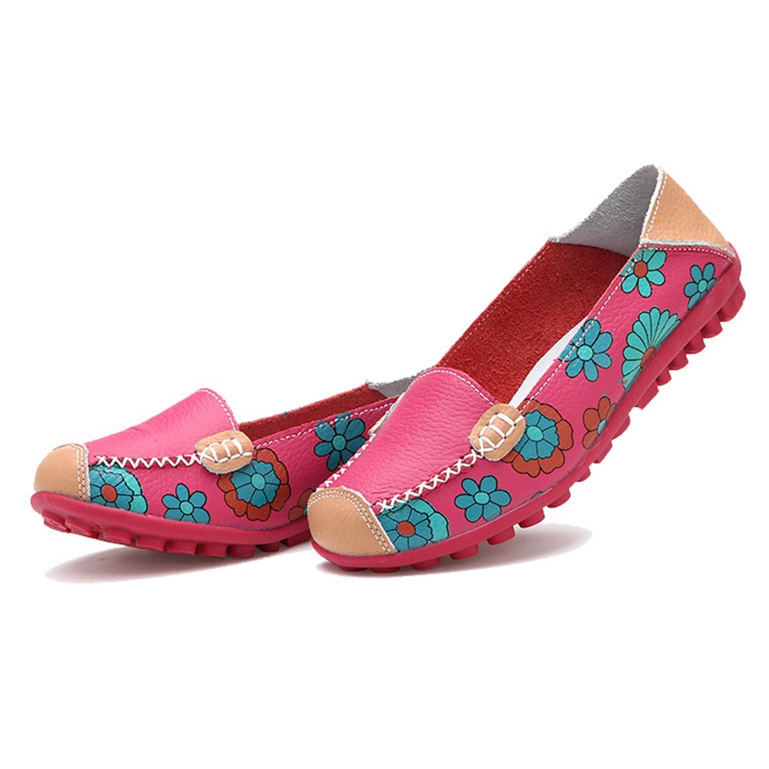 Fidella Women Bright Color Casual Flower Printed Slip On Leather Flat Pumps Shoes
