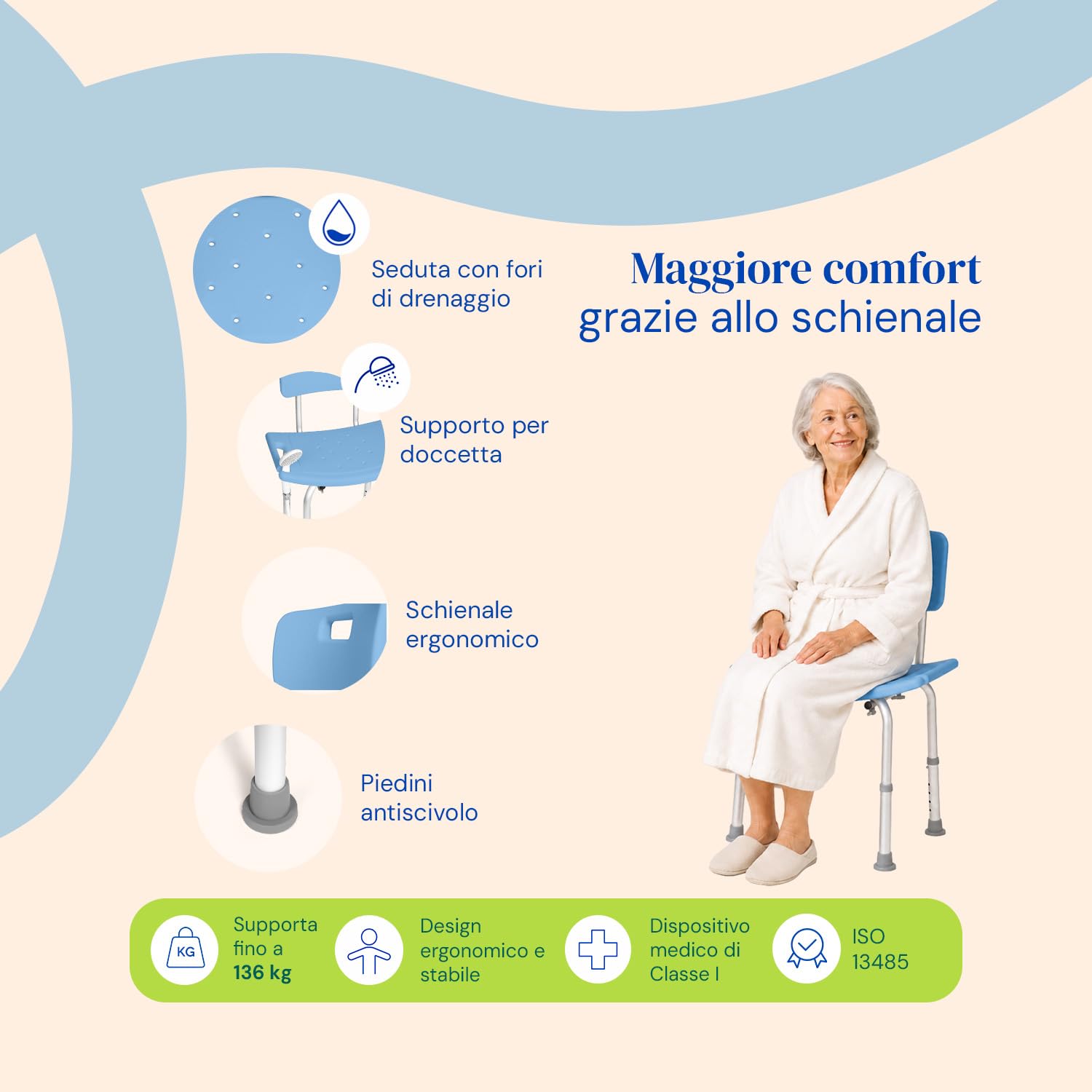 Geriafy Sedia Doccia Regolabile Antiscivolo con Schienale per Anziani