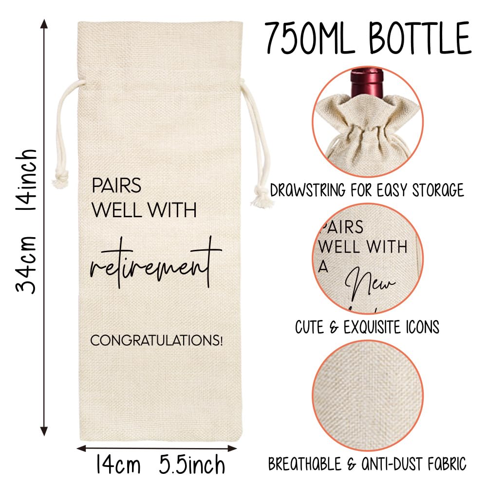 Socive Retirement Wine Gift Bag - Linen Wine Bottle Bag For Retirement Parties & Gifts