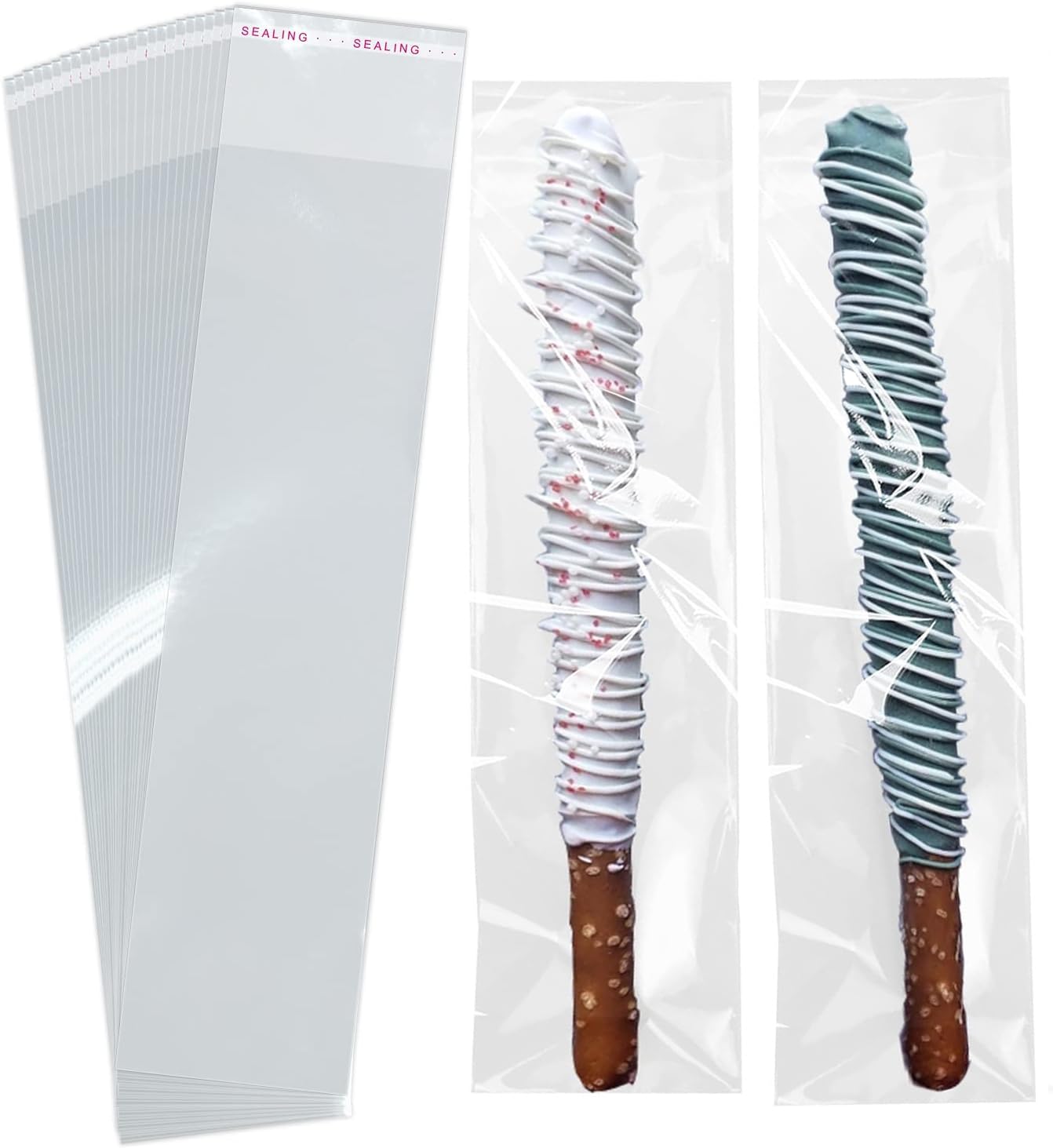 SUREHOME Pretzel Rod Bags 200 Pcs 2x8 In Clear Self Sealing Cellophane Bags for Chocolate Covered Pretzel Stick Individual Resealable Plastic Cello Bag for Party Favors Candy Treats Popsicle Packaging clear 2"x8"