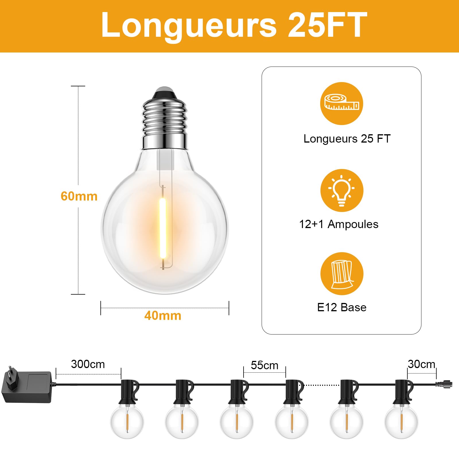 FARNY-Catena Luminosa Esterno, 7.6M/25FT Catena Luminosa G40 LED con 12+1 IP45 Lmpermeabili Plastica Lampadine, 2700K Catena Luminosa Giardino, Matrimonio/Casa/Caffè/Gazebo