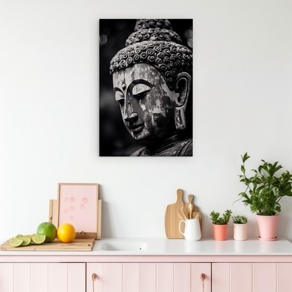 Canvas for Living room. Serenity in Stone: A Captivating Look at the Weathered Elegance of a Buddha Statue, 27 x 18 inch Canvas Wall Art - Contemporary Masterpieces - Modern Home Decor
