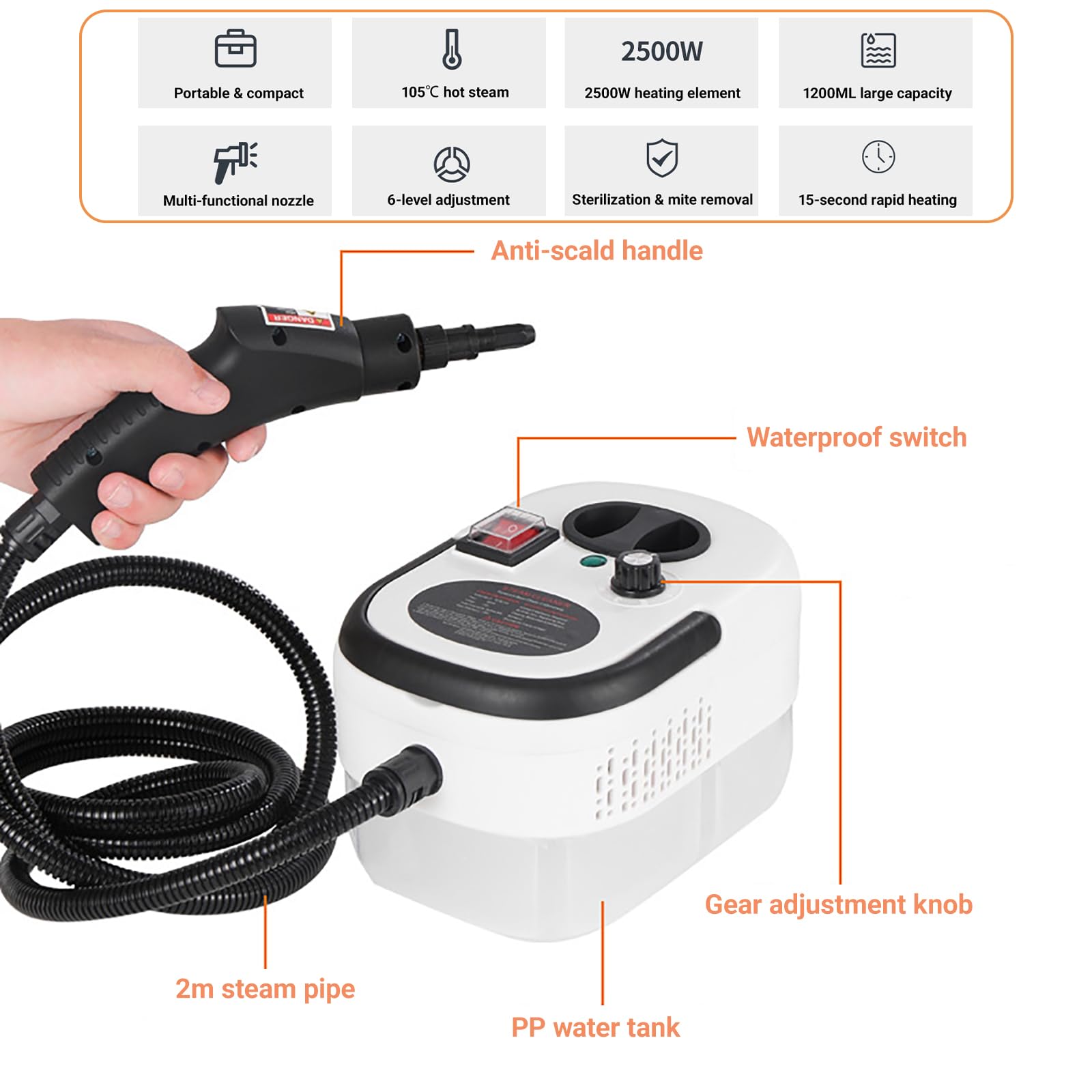 Nettoyer à Vapeur Portable 2500W, Nettoyeur Vapeur Haute Température et Haute Pression avec 9 Accessoires, Réservoir 1200 ML, 6 Niveaux de Vapeur pour Cuisine, Sol, Canapé, Carrelage et Voiture