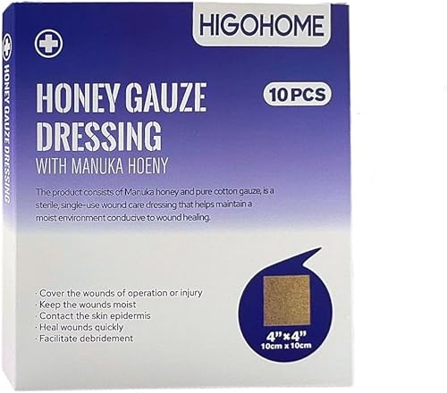 Aderezo de gasa de miel de Manuka, 4 x 4 pulgadas, paquete de 10 unidades, gasa para el cuidado de heridas de miel de Manuka, para cortes, escaldar