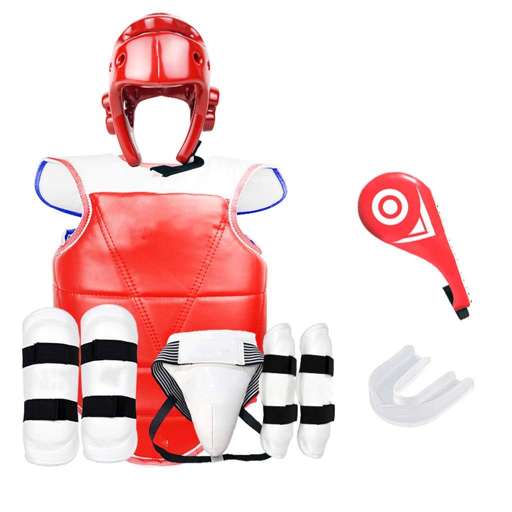 Taekwondo Sports Martial Arts Protective Gear - Arm Guards,Leg Guards,Groin Guard,Helmet,Chest Guard -5Pcs Kit,Red,XXL