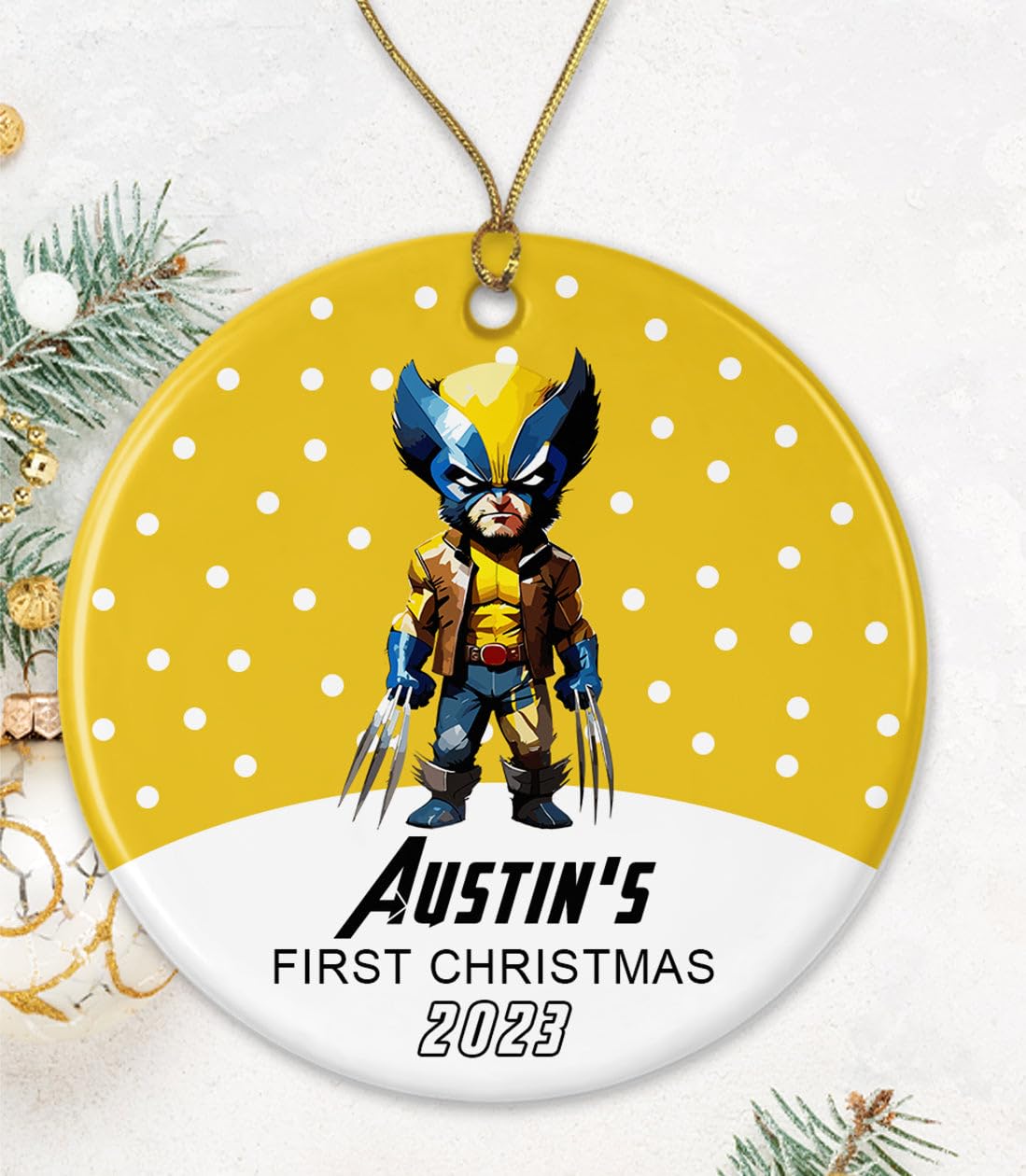 Personalized Wo%Lverine Baby's First Christmas 2023 Ornament, Heart, Star, Snowflake, Circle Ceramic, Custom Superhero1 1ST Ornament, Aven%Gers Mar%Vel Ornament 2