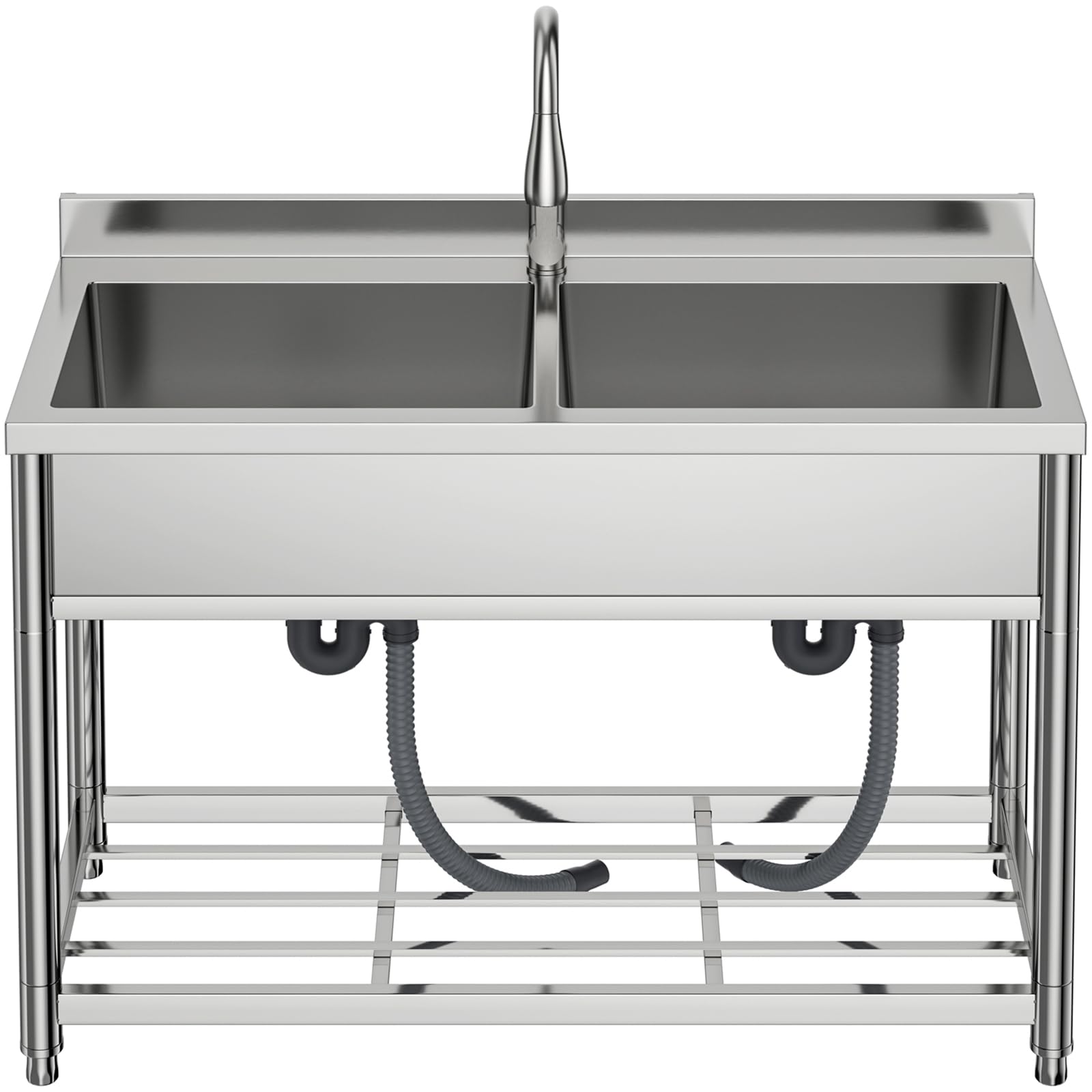 Lavello Indipendente in Acciaio Inox 2 Vasche, Lavandino Industriale con Rubinetto, Lavandino da Esterno, Lavello Professionale per Cucina, Garage, Lavanderia, Ristorante, 55P x 120L x 94H cm