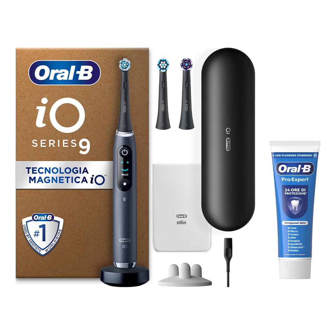 Oral-B Rechargeable Electric Toothbrush iO 9 Black, 1 Electric Toothbrush, 3 Replacement Heads, Travel Case with Charger + Oral-B Pro Expert Toothpaste, Effective Teeth Cleaning