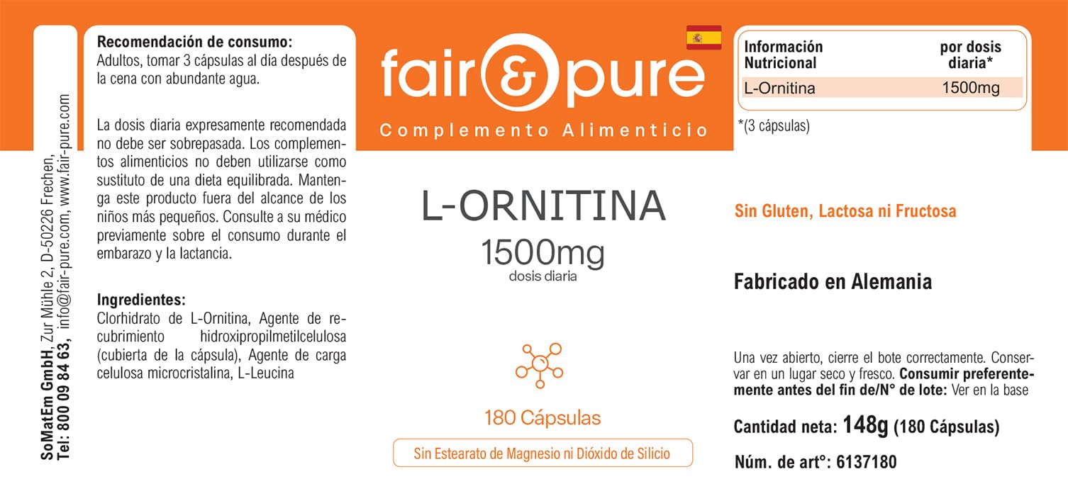 Fair & Pure® - L-Ornitina 1500mg per dose giornaliera - Aminoacido Vegano - Alto dosaggio - 180 Capsule
