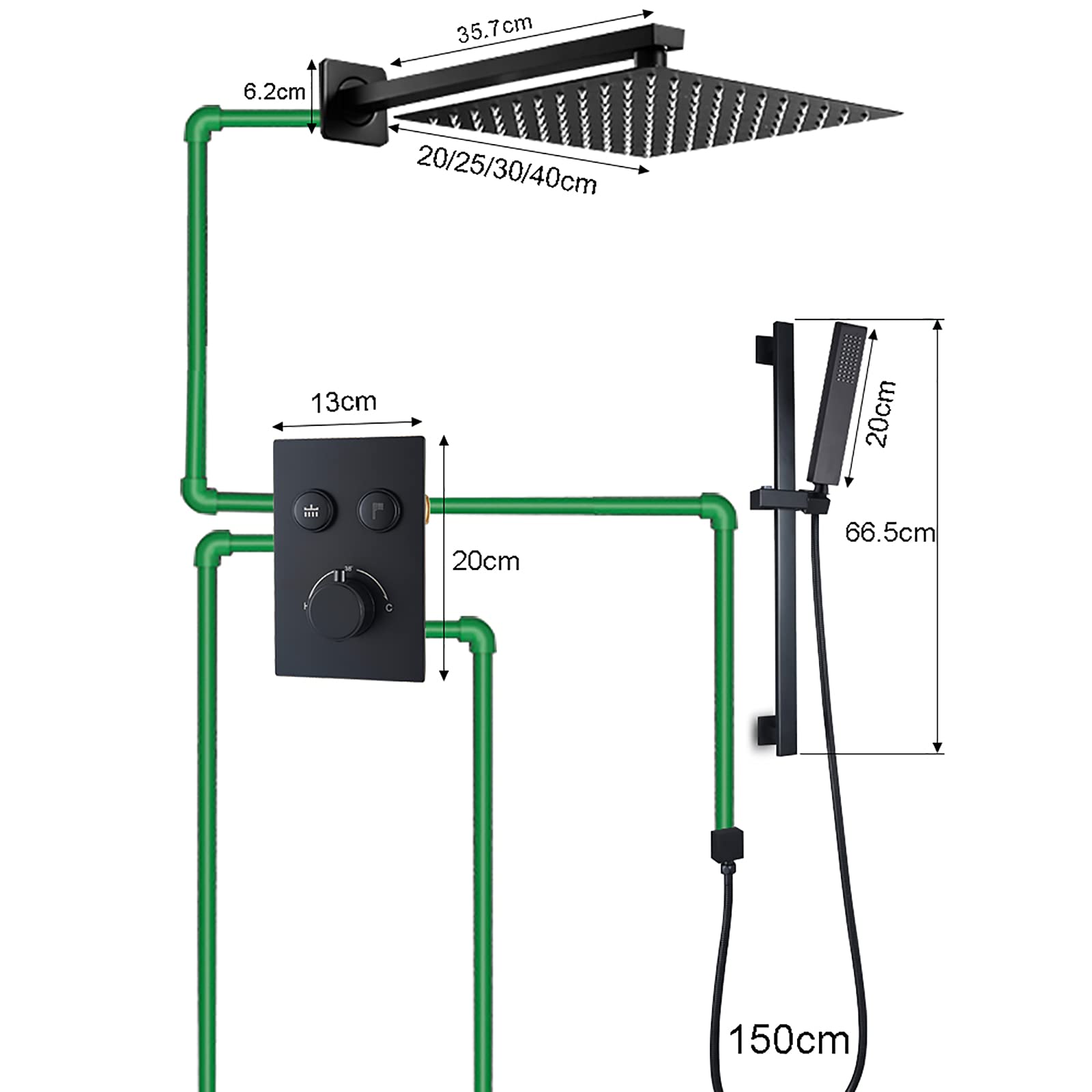 Sistema Doccia a Pioggia, Set Rubinetto termostatico Nero, Miscelatore Combinato in Ottone a Parete con Testa Quadrata, doccetta, Asta di Sollevamento, 16 Pollici (8 Pollici)