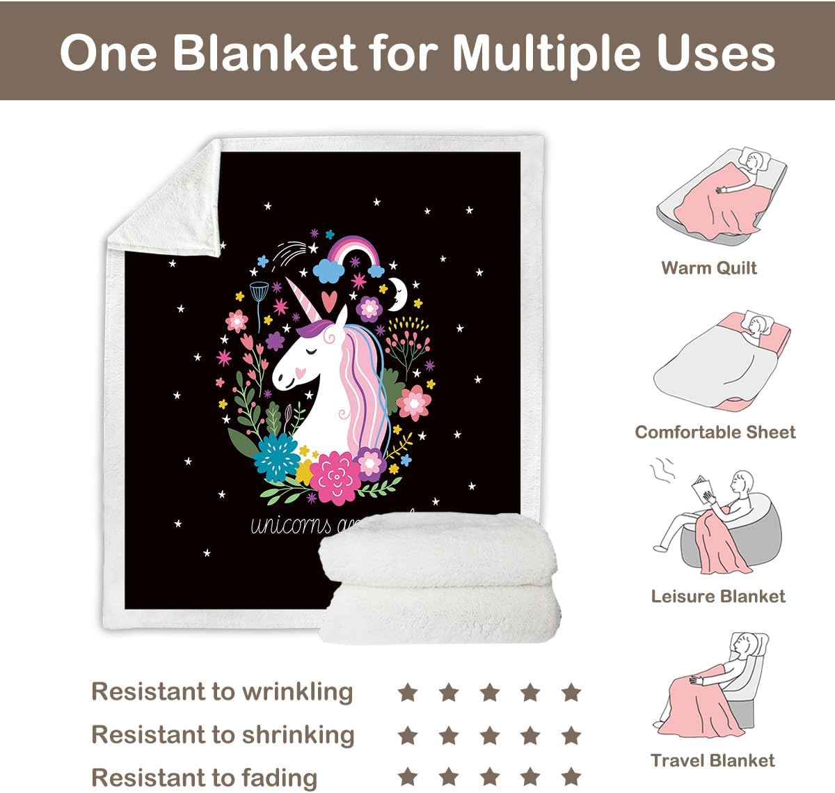 Sleepwish Unicorn Blanket Unicorn Throw Blankets for Girls Cute Unicorn Fleece Blanket for Women Unicorn Flower Fluffy Blanket Black Pink Sherpa Plush Blanket Throw for Kids Childrens Gifts (50"x60")