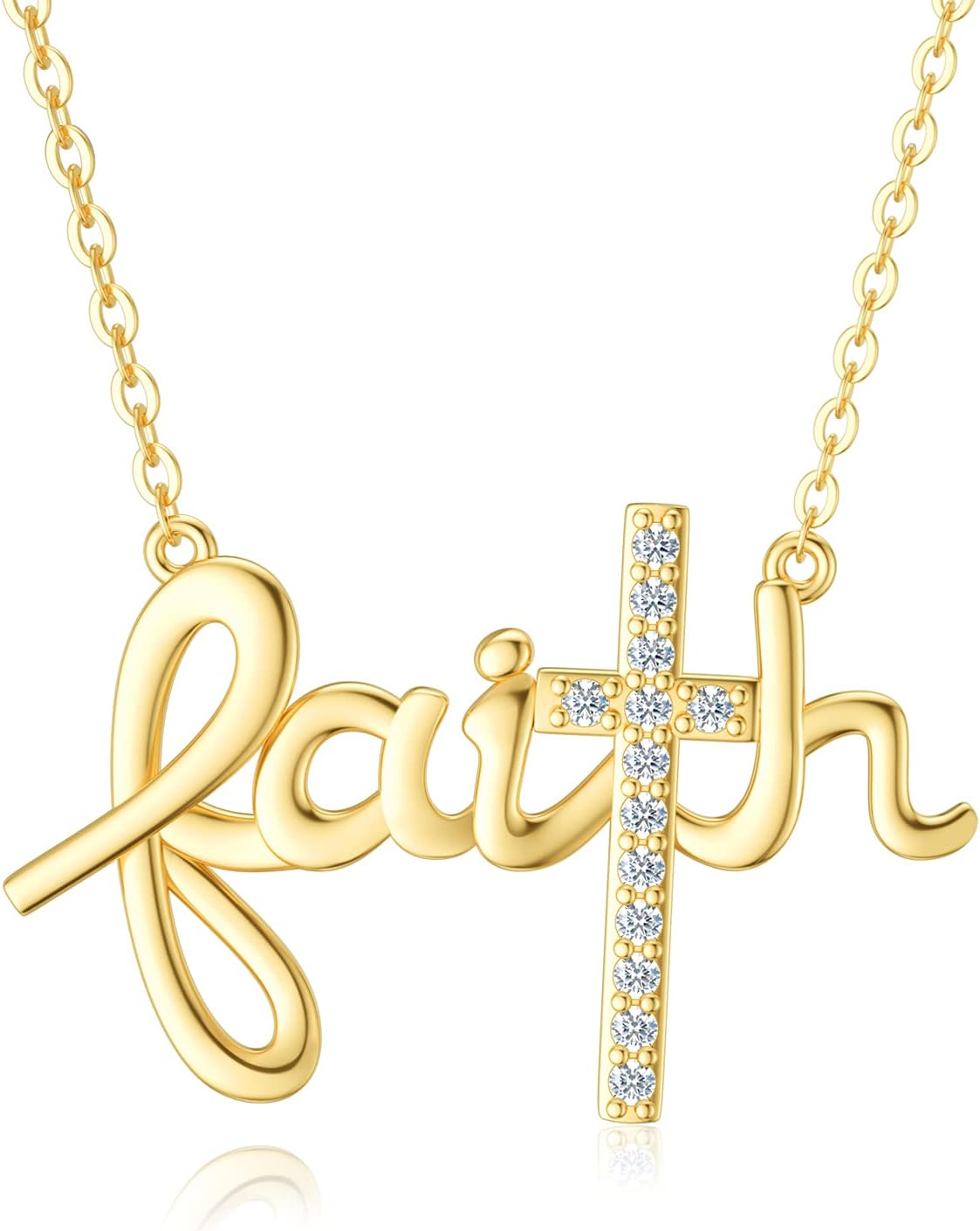 SISGEM Solid 14K Gold Faith Cross Necklace Hope Believe Pendant Necklace with Moissanite Religious Jewelry for Women Anniversary Birhtday Mother's Day Jewelry Gifts for Mom, Wife, 16+2 Inch