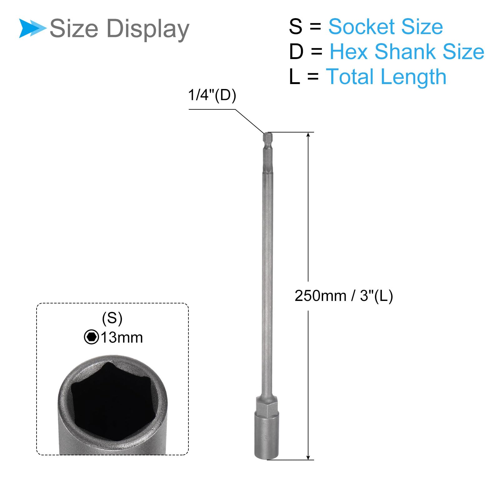 CoCud Quick-Change Nut Setter Driver Bit, 13mm Metric 250mm Length 1/4" Shank - Image 2