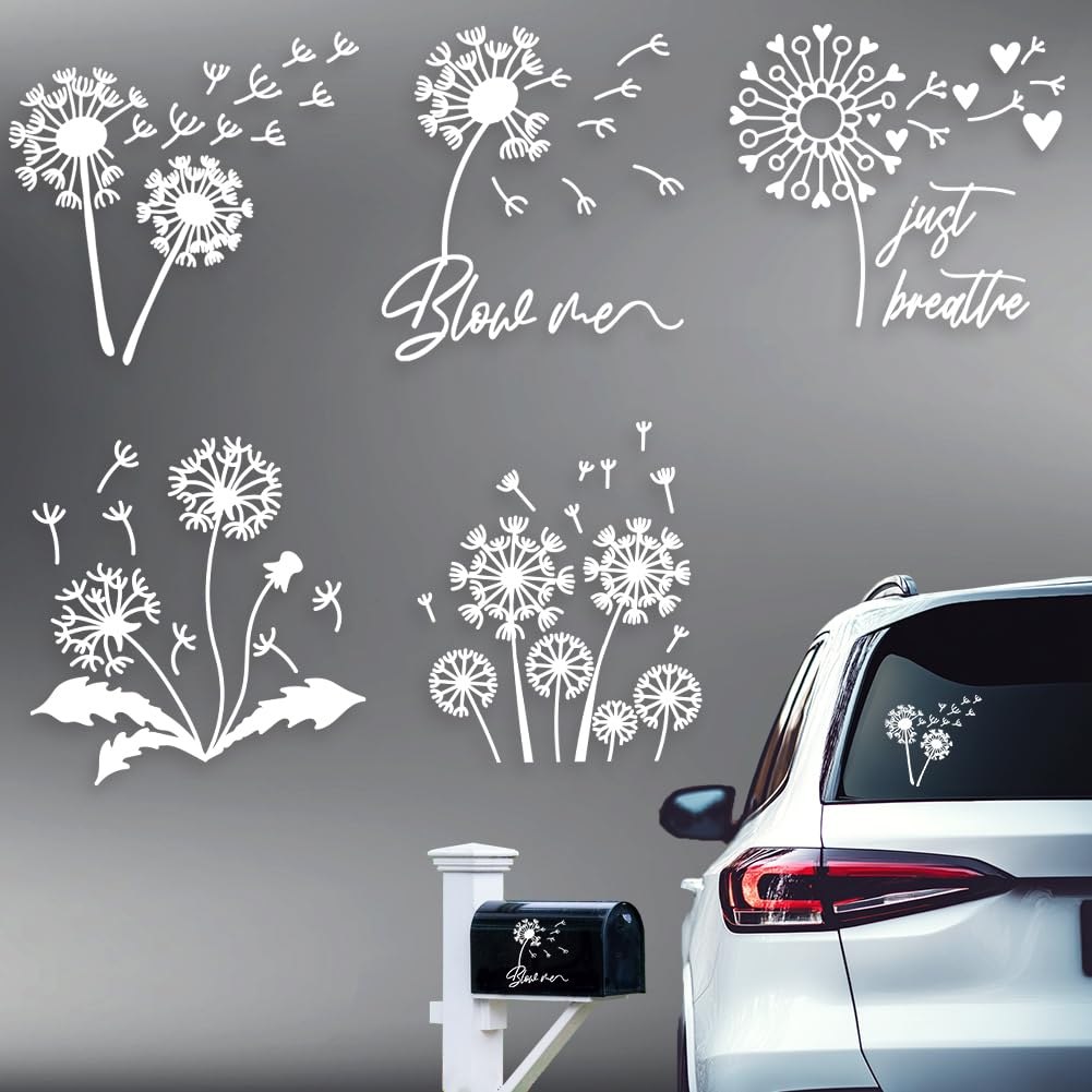 Hobbspring 5 Styles Dandelion Car Stickers Reflective Flying Flowers Decals Beautiful Funny Bloom Flora Plastic Decoration Decals for Auto Cars Truck Window Walls Laptop
