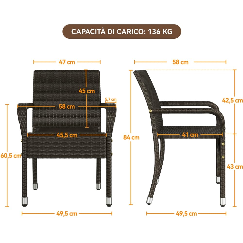 Yaheetech Set di 2 Sedie Impilabili in Rattan Sedia da Giardino con Braccioli Piedini Regolabili e Schienale per Giardino Balcone PatioTerrazza Marrone