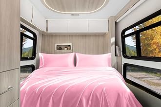 Homiest 4pcs RV Short Queen Satin Sheets Set Luxury Silky Satin Bedding Set with 10" Deep Pocket, Camper Queen Sheets, 1 Fitted Sheet + 1 Flat Sheet + 2 Pillowcases (RV Short Queen, Pink)