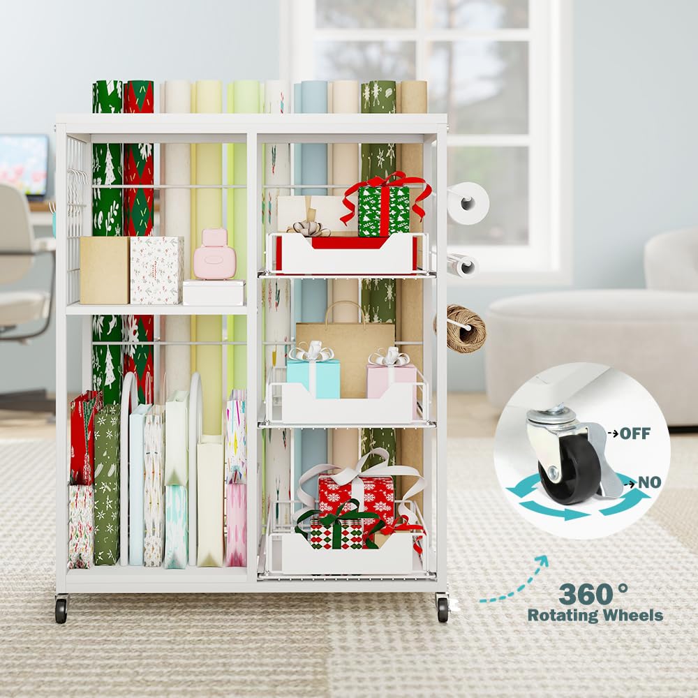 LUCKUP Rollen-Geschenkpapier-Organizer-Wagen – Geschenkpapieraufbewahrung mit Rollen, 20 Rollenhaltern, 3 Schubladen & Bandspender, Bastelorganizer für Weihnachten, Geburtstage, Weiß