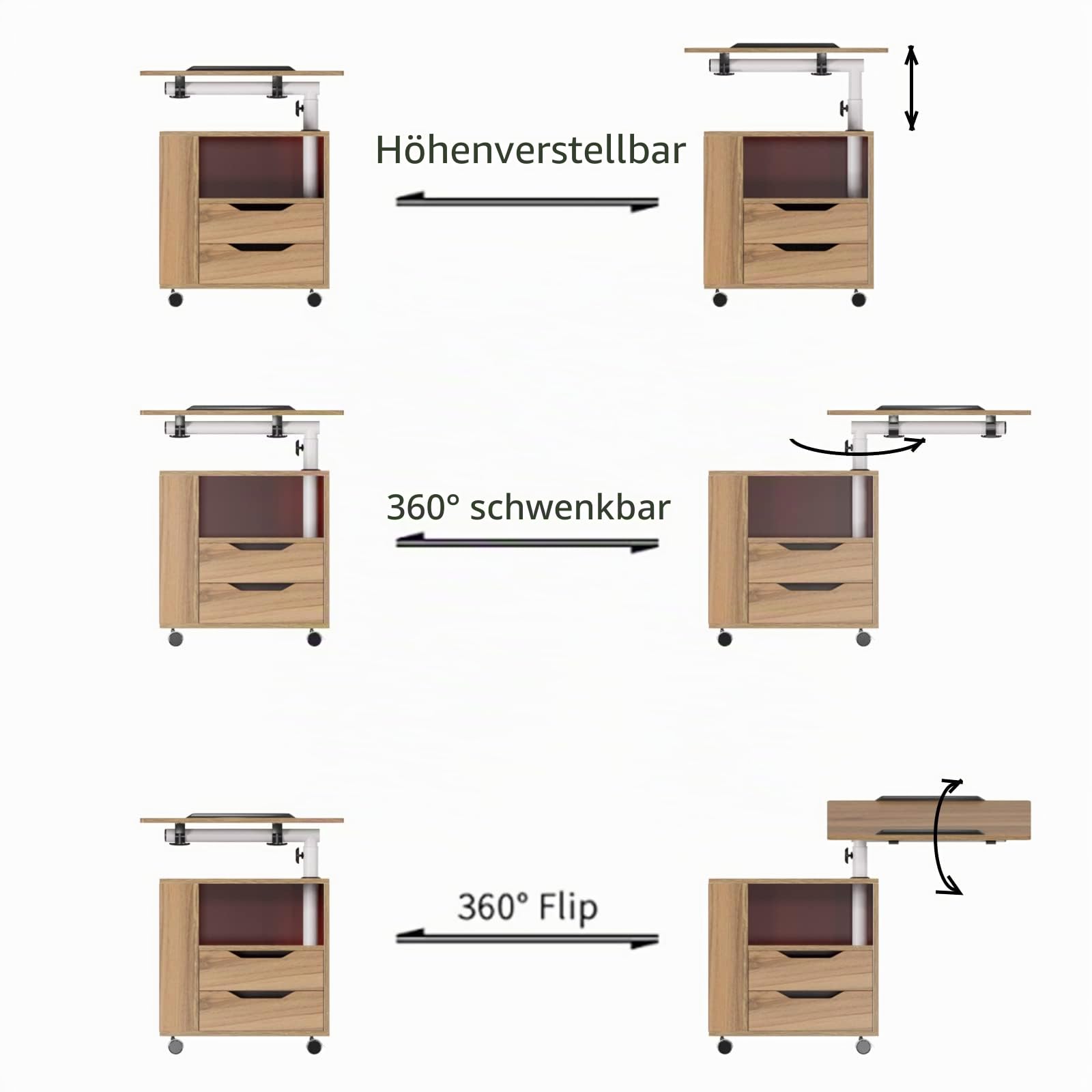 DlandHome Nachttisch mit Rollen, Beistelltisch mit 2 Schubladen, Nachttisch, Aufbewahrungsschrank mit Oberplatte, 360 Grad drehbar, Eiche