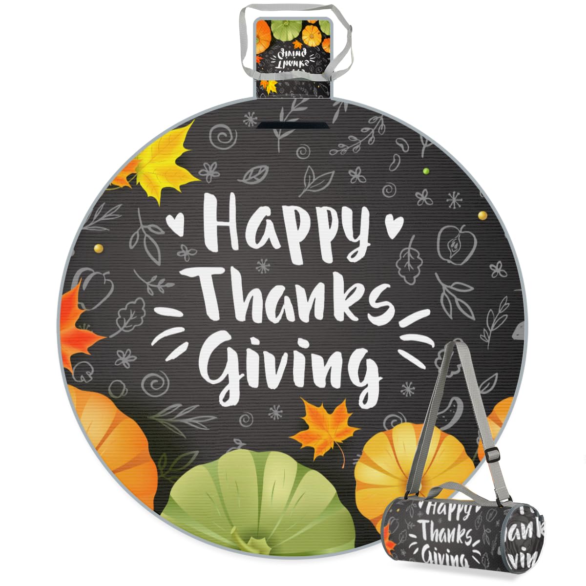 Shimoshe Happy Thanksgiving Day Pumpkin Picnic Outdoor Blanket Foldable Waterproof Sandproof Beach Blanket Portable Water-Resistant Round Picnic Mat for Travel Camping Park Lawn