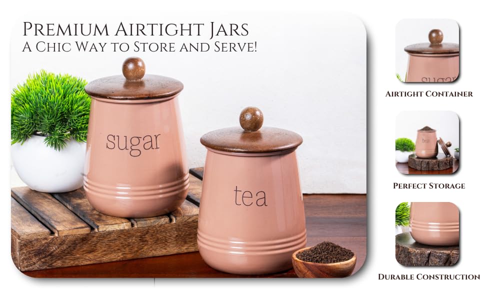 Image of Metallure Home Stylish Airtight Container Set | Sugar Tea Coffee Container Set of 3 | Metal and Wood Lid Canister for Kitchen Storage | Food-Safe Jar Set for Kitchen (Mocha Mousse)