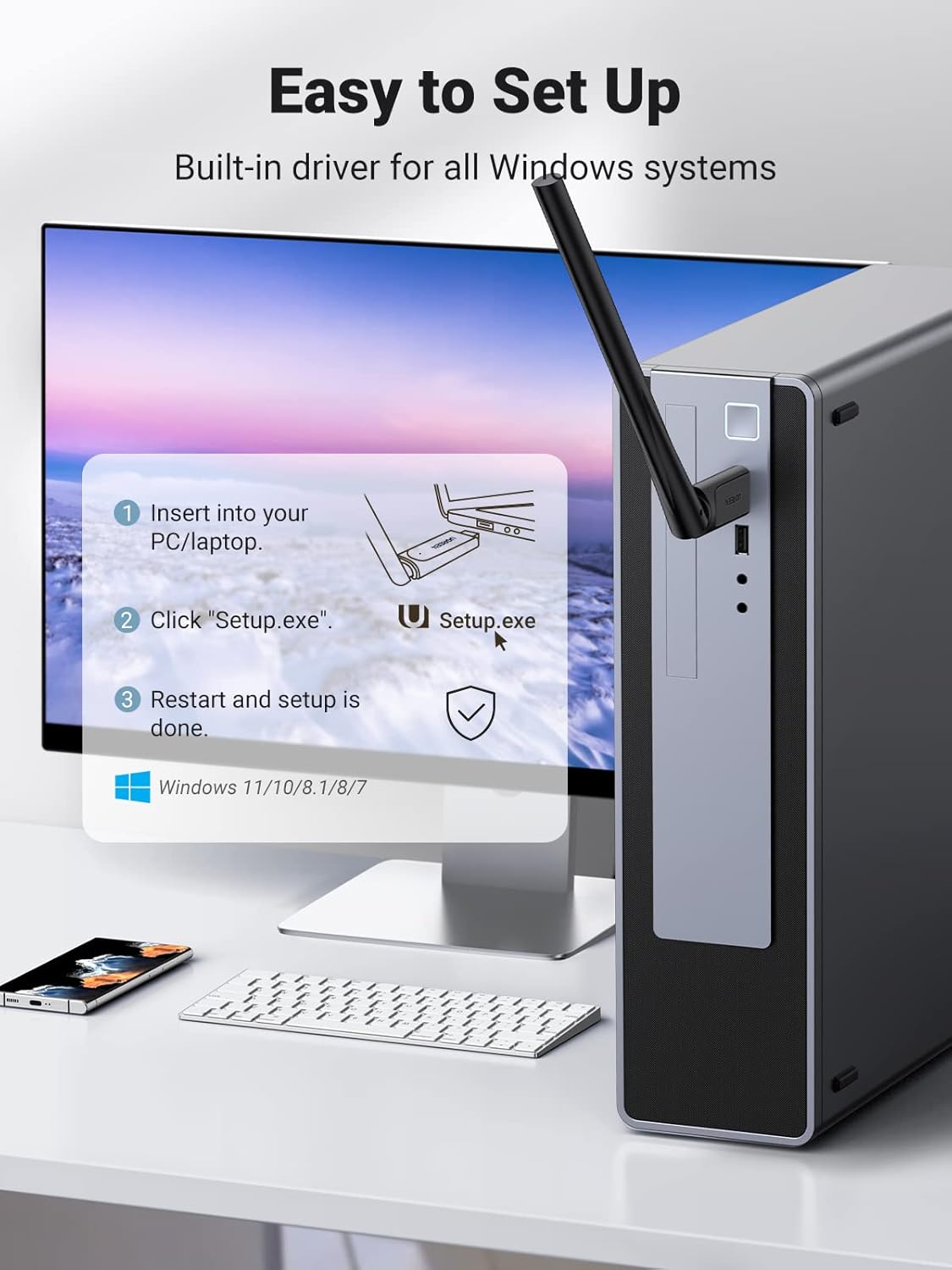 Diagram showing steps to install UGREEN WiFi adapter on Windows: insert, run setup.exe, restart, and connect.