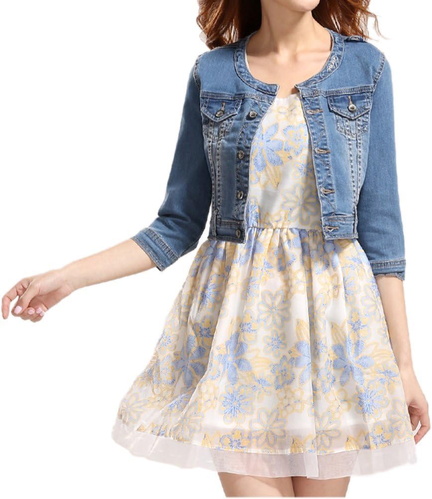 Fundu Women's Blue Sweet Summer Cool Denim Crew-neck 3/4 Sleeve Top Jacket US 8