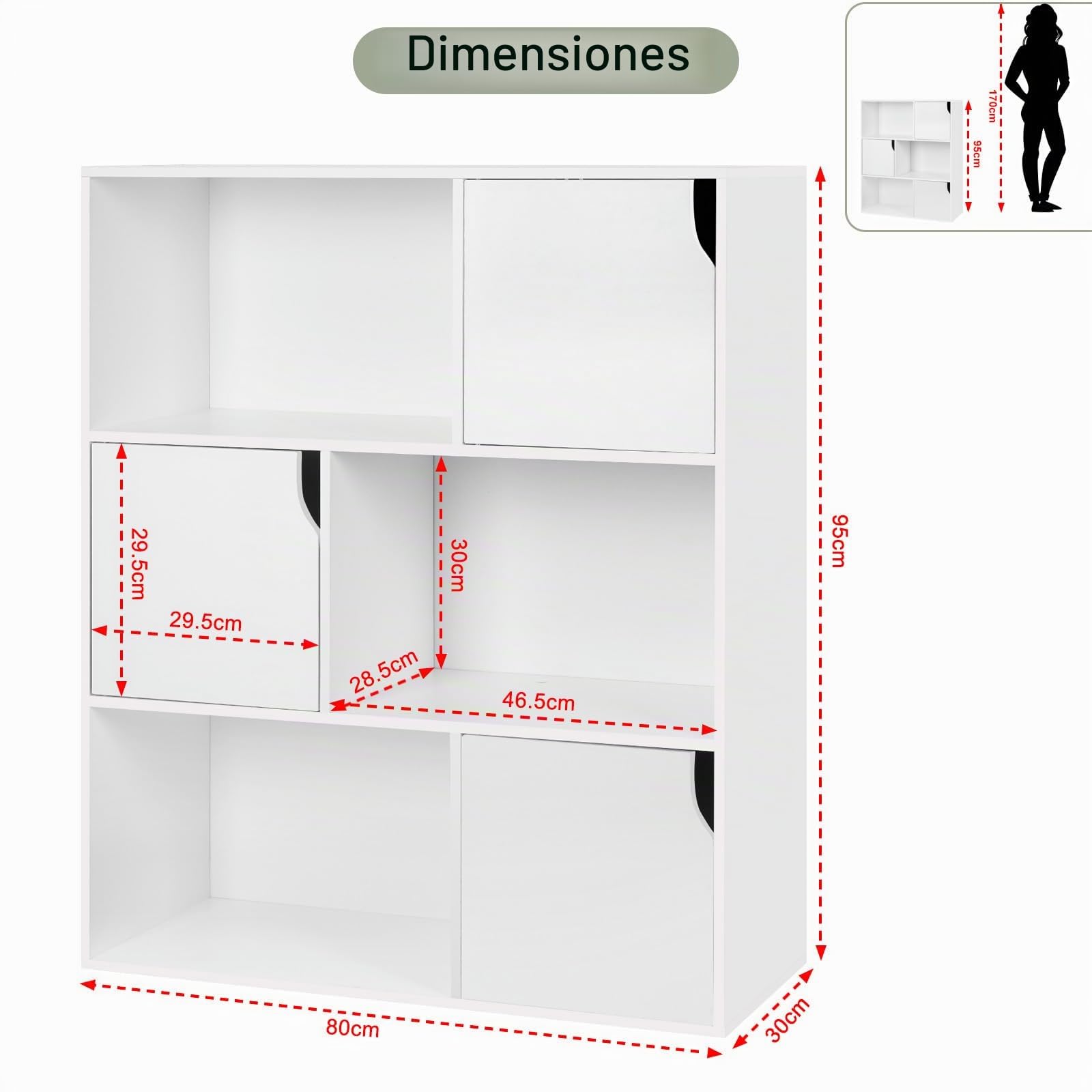 eSituro Libreria de 3 Niveles, Estanteria Almacenaje con 6 Compartimentos | Con Puertas, Organizador de Libros y Juguetes para Dormitorio, Oficina o Estudio, 80x30x96 cm, Blanco, SBKC0050