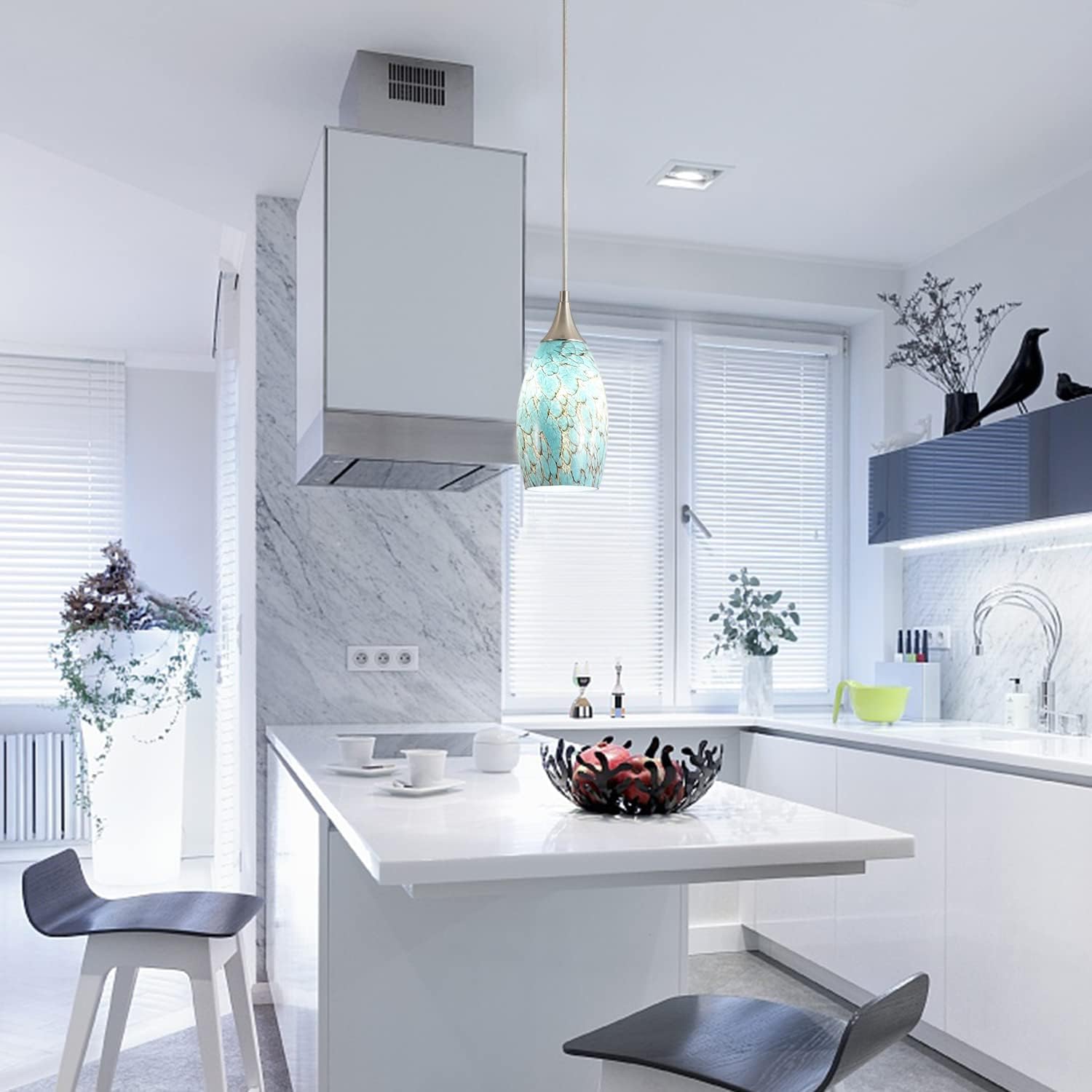 Kitchen Pendant Lighting for Island, Modern Edison Hanging Light with Handcrafted Art Glass, Adjustable Nylon Core Ceramic Holder Lighting Fixture Indoor for Dining Room, Entryway (Bulb Not Included)