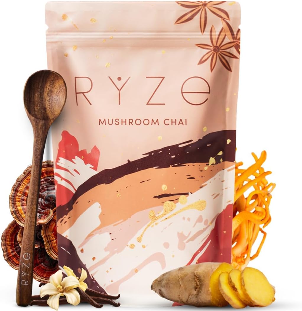 619rX7sRZML._AC_SL1080_ RYZE SUPERFOODS Mushroom Chai with 6 Organic Adaptogenic Mushrooms for Better Energy, Focus, Digestion, Immunity with USA Grown Lion's Mane, Turkey Tail, Shiitake, Reishi - Gluten Free, 20 Servings