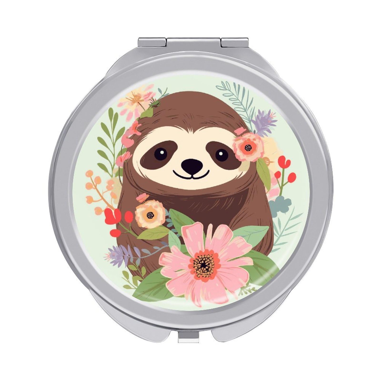LDGSUPH Sloth and Flowers Travel Makeup Mirrors Portable Compact Mirror Double-Sided 2X/1X Magnifying Folding Pocket Mirror Mini Round Handheld Mirrors for Home Outdoor