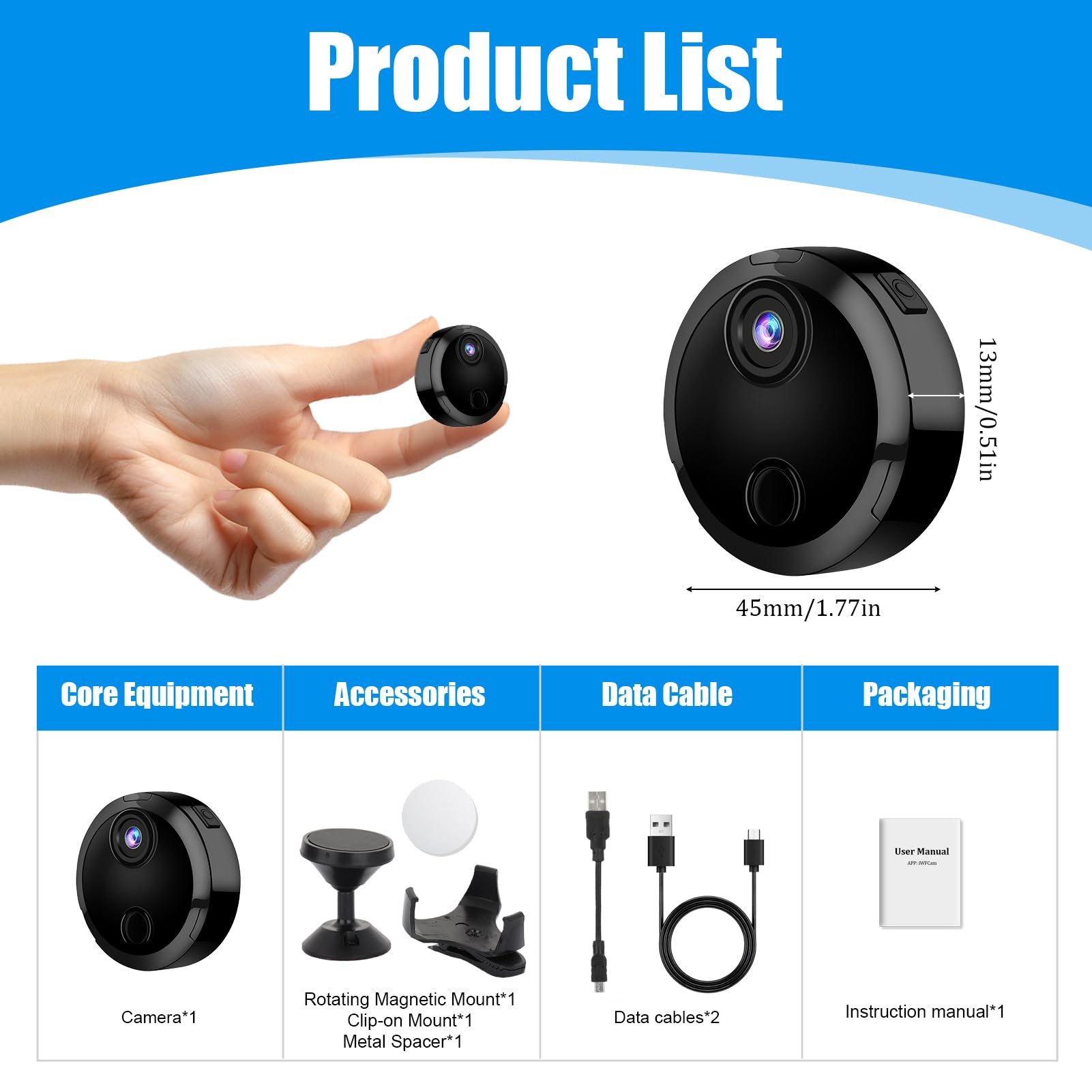 Mini Caméra de Surveillance WiFi 1080P Intérieur, Camera Intérieur et Extérieur sans Fil avec 2.4GHz WiFi, Vision Nocturne et Détection de Mouvement, pour Maison et Voiture