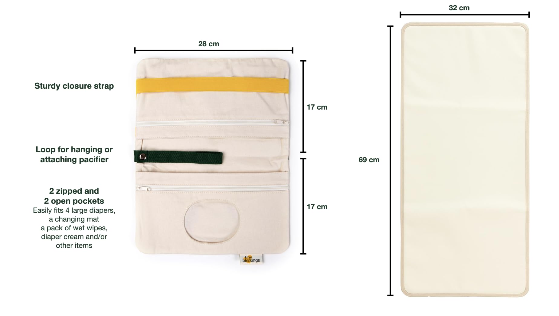 Tiny Blessings Borsa per pannolini – Borsa per pannolini da viaggio, nastro di chiusura extra forte, passante per trasporto/appendere, lavabile e con molto spazio, organizer per bambini, Lemons